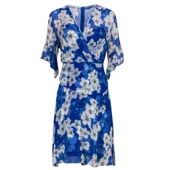 NWOT ELIE TAHARI Blue & White Floral Ruffle Sleeve Silk Dress Size 4 - Picture 2 of 10